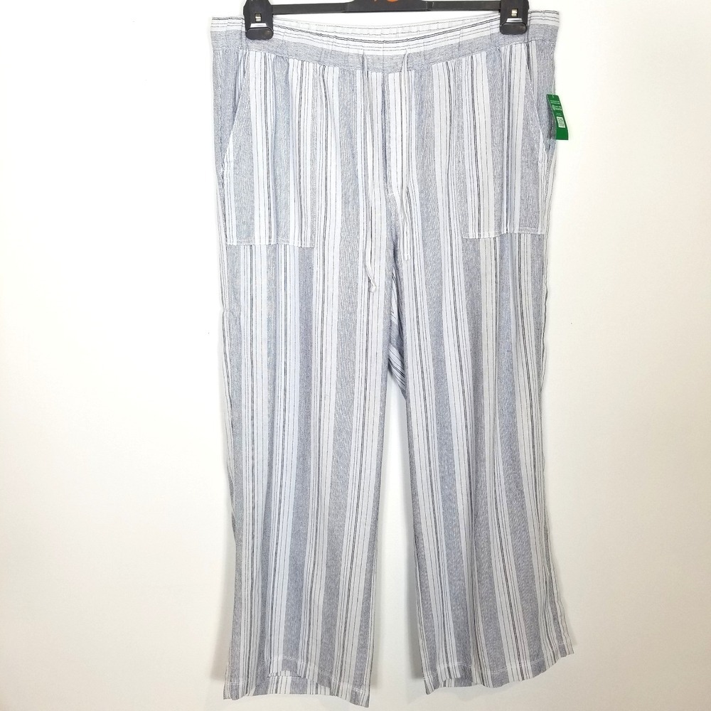 GAP Women Linen Blend Striped Wide Leg Pants Sz XL Blue White Drawstring